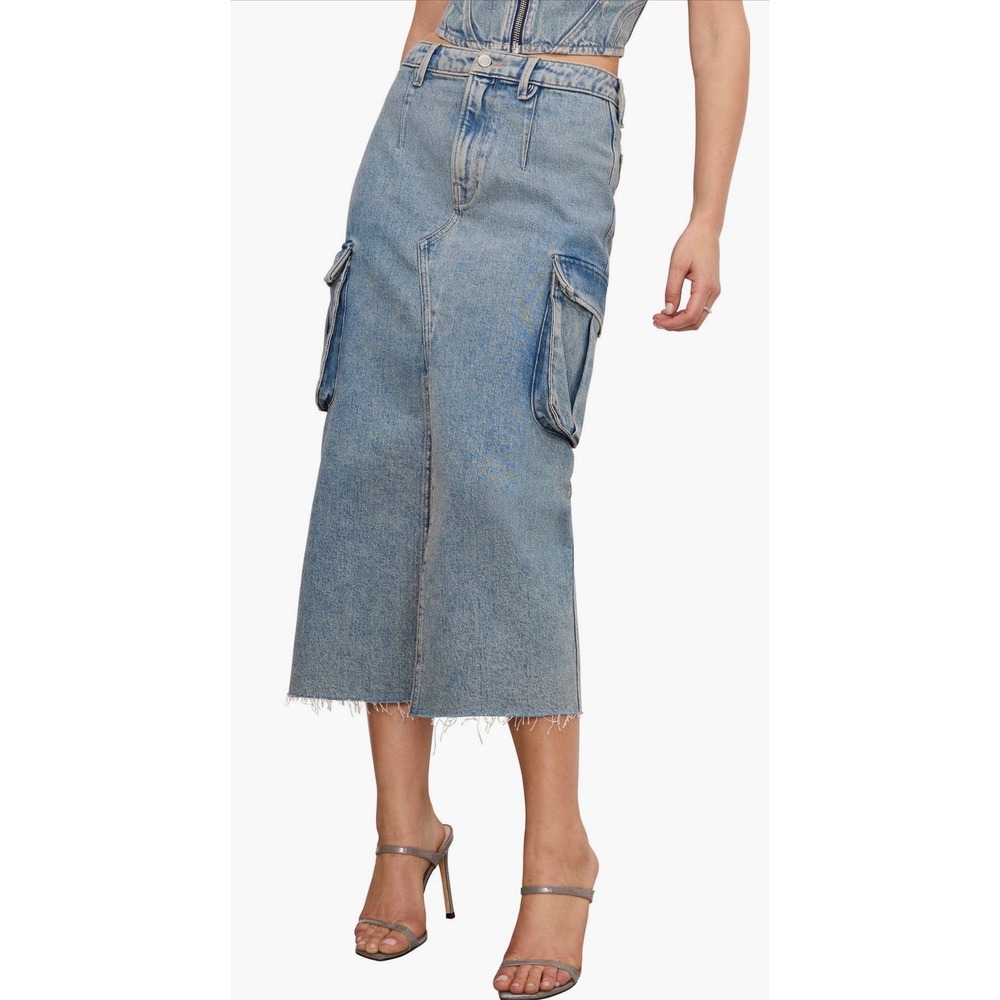 Good American Frayed Hem Denim Cargo Skirt Indigo762 Front Slit‎ Size 15 NEW